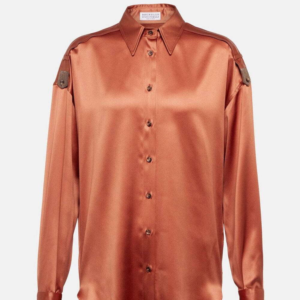NEW 🧡 Brunello Cucinelli Embellished silk-blend satin shirt XS ✨FIRM PRICE